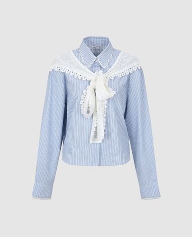  URBAN REVIVO - Áo sơ mi nữ tay dài kẻ sọc phối khăn choàng 