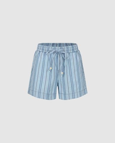  URBAN REVIVO - Quần short nữ ống rộng kẻ sọc phối dây rút 