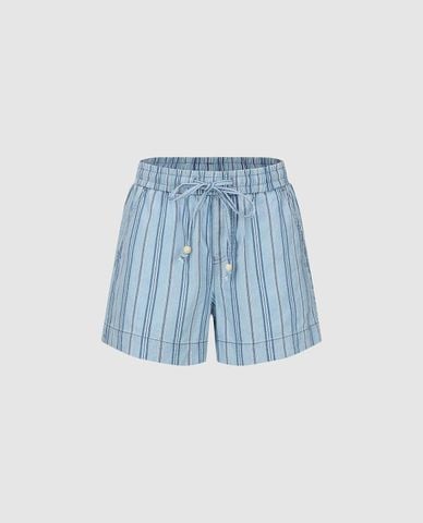  URBAN REVIVO - Quần short nữ ống rộng kẻ sọc phối dây rút 