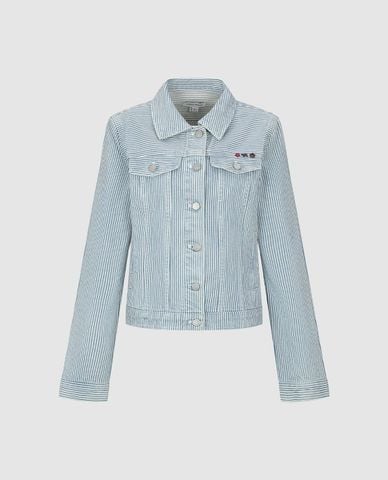  URBAN REVIVO - Áo khoác denim nữ cổ bẻ tay dài kẻ sọc 