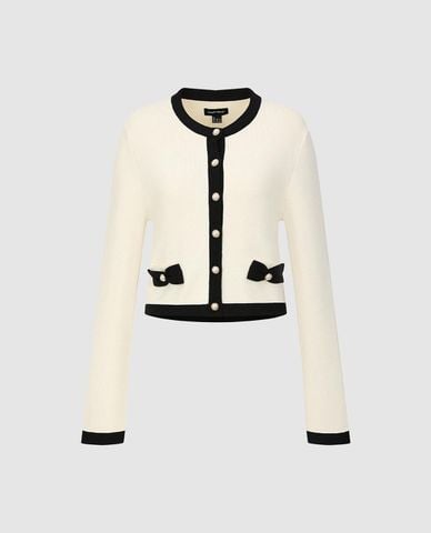  URBAN REVIVO - Áo khoác cardigan nữ cổ tròn phối nơ 