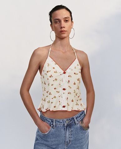  URBAN REVIVO - Áo hai dây nữ cổ yếm phối hoa nhí 