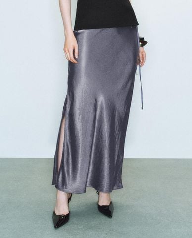  URBAN REVIVO - Chân váy phom suông midi xẻ tà phối dây rút 