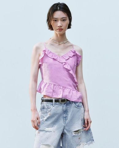  URBAN REVIVO - Áo hai dây nữ cổ V phối bèo 