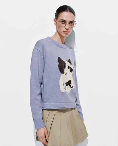  URBAN REVIVO - Áo dệt kim nữ cổ tròn tay dài phối hoạ tiết 