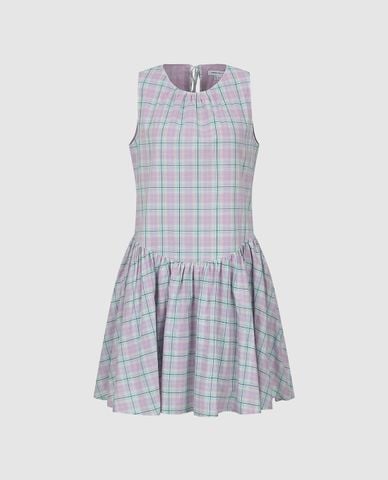  URBAN REVIVO - Đầm sát nách mini kẻ caro phối xếp li 