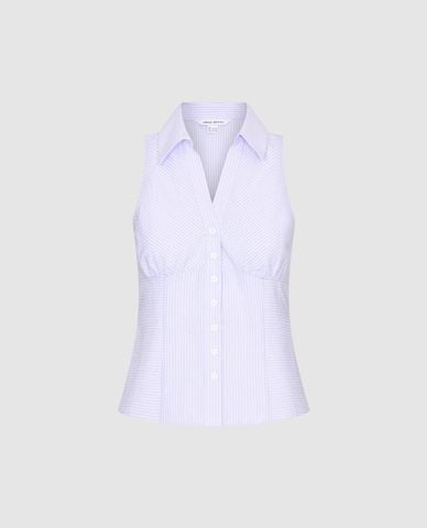  URBAN REVIVO - Áo kiểu nữ sát nách cổ V kẻ sọc phom ôm 