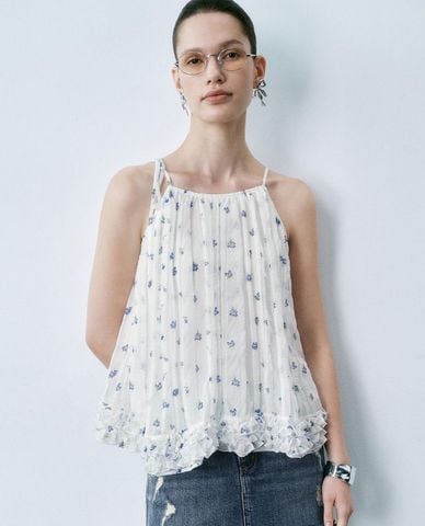  URBAN REVIVO - Áo hai dây nữ dáng xòe phối bèo nhún 