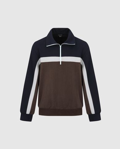  URBAN REVIVO - Áo polo nam tay dài kẻ sọc khóa kéo 