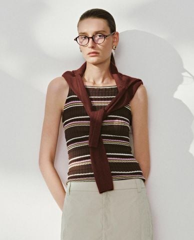  URBAN REVIVO - Áo hai dây nữ dệt kim kẻ sọc 