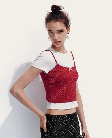  URBAN REVIVO - Áo croptop nữ cổ tròn tay ngắn 2 In 1 