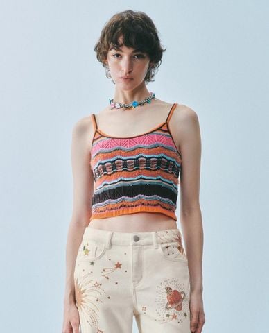  URBAN REVIVO - Áo hai dây nữ dệt kim họa tiết thổ cẩm 