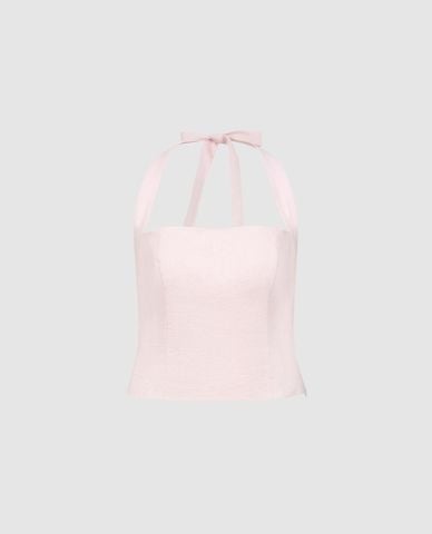  URBAN REVIVO - Áo kiểu nữ cổ yếm buộc nơ 