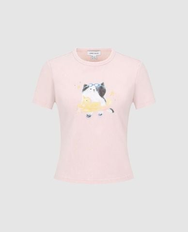  URBAN REVIVO - Áo thun nữ cổ tròn tay ngắn in họa tiết 