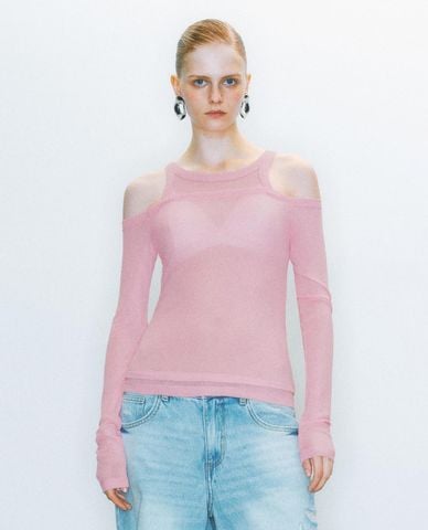  URBAN REVIVO - Áo kiểu nữ cổ tròn hở vai 2 in 1 