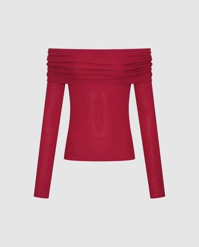  URBAN REVIVO - Áo dệt kim nữ trễ vai tay dài xếp li 