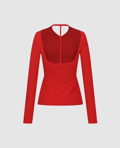  URBAN REVIVO - Áo dệt kim nữ cổ V tay dài khoét lưng 
