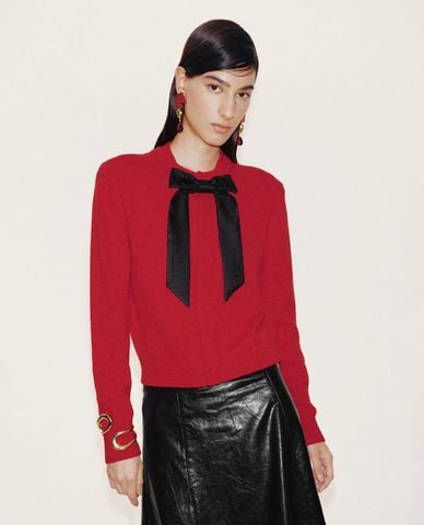  URBAN REVIVO - Áo khoác cardigan nữ cổ tròn tay dài phối nơ 