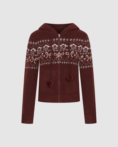  URBAN REVIVO - Áo khoác dệt kim nữ phối mũ họa tiết nordic 