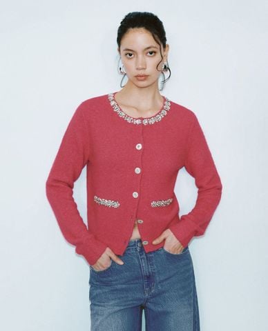  URBAN REVIVO - Áo khoác cardigan nữ cổ tròn đính đá 