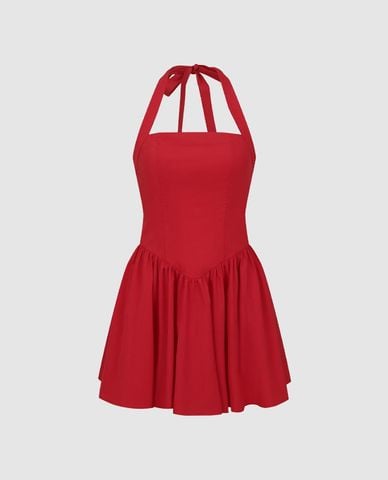 URBAN REVIVO - Đầm sát nách mini cổ yếm xếp tầng 
