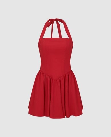  URBAN REVIVO - Đầm sát nách mini cổ yếm xếp tầng 