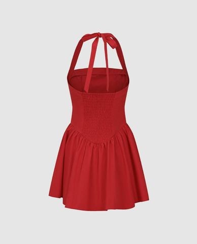  URBAN REVIVO - Đầm sát nách mini cổ yếm xếp tầng 