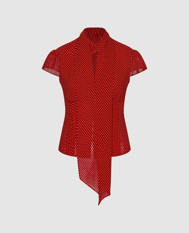  URBAN REVIVO - Áo kiểu nữ cổ V tay ngắn họa tiết chấm bi 