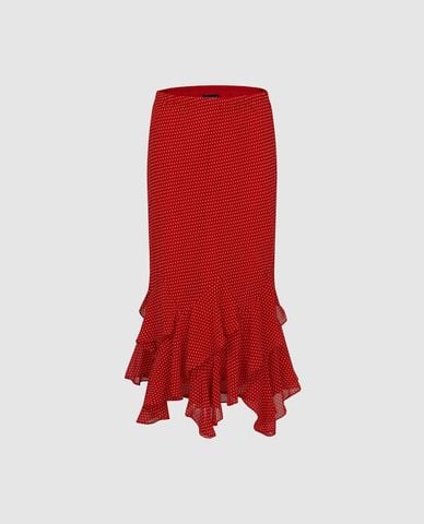  URBAN REVIVO - Chân váy midi đuôi cá chấm bi viền bèo 