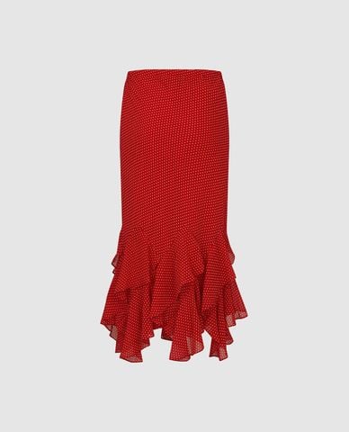  URBAN REVIVO - Chân váy midi đuôi cá chấm bi viền bèo 