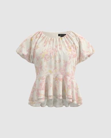  URBAN REVIVO - Áo kiểu nữ cổ tròn tay phồng Floral 