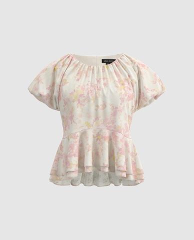  URBAN REVIVO - Áo kiểu nữ cổ tròn tay phồng Floral 