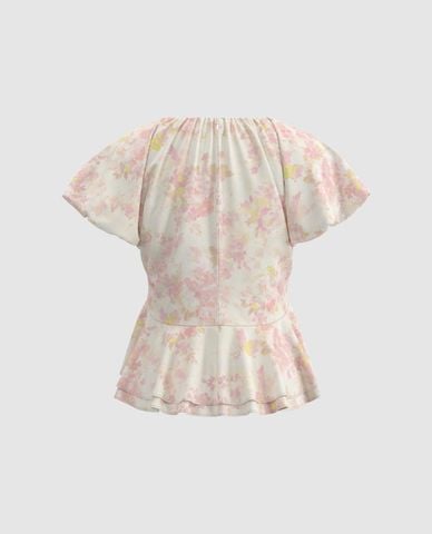  URBAN REVIVO - Áo kiểu nữ cổ tròn tay phồng Floral 