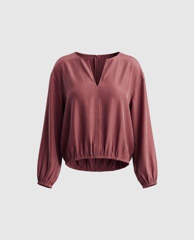  URBAN REVIVO - Áo kiểu nữ cổ V tay dài bo chun 