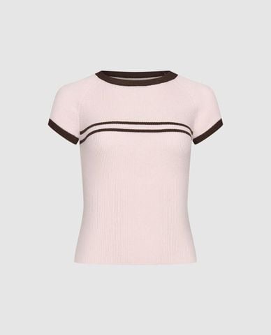  URBAN REVIVO - Áo dệt kim nữ cổ tròn tay ngắn phối sọc 