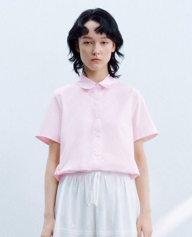  URBAN REVIVO - Áo sơ mi nữ cổ bẻ tay ngắn phối dây rút 
