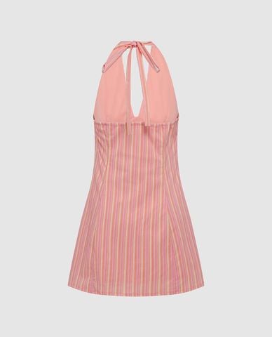  URBAN REVIVO - Đầm mini cổ yếm họa tiết kẻ sọc 