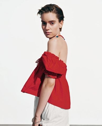  URBAN REVIVO - Áo kiểu nữ cổ vuông tay phồng nhún bèo 