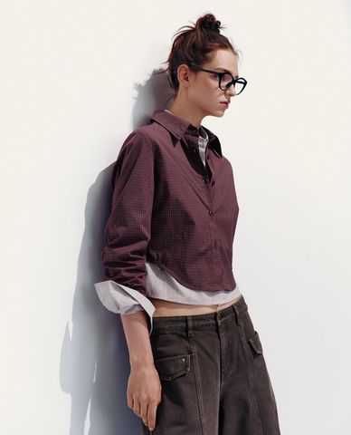  URBAN REVIVO - Áo sơ mi nữ phom croptop kẻ caro 