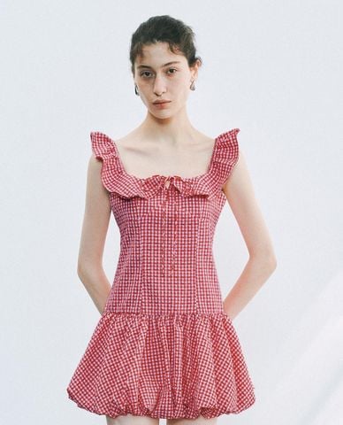  URBAN REVIVO - Đầm hai dây mini cổ vuông kẻ caro 