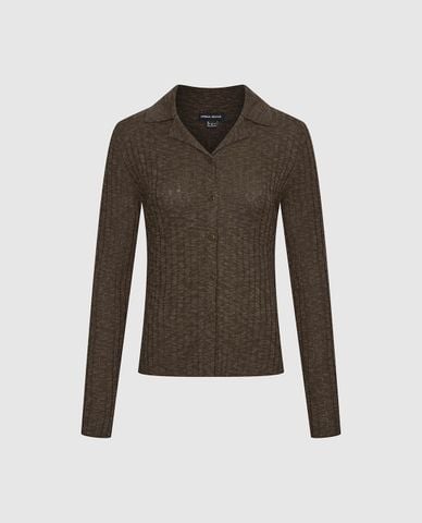  URBAN REVIVO - Áo dệt kim nữ cổ bẻ tay dài phom ôm 