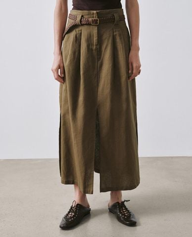  URBAN REVIVO - Chân váy chữ A midi xẻ tà phối thắt lưng 