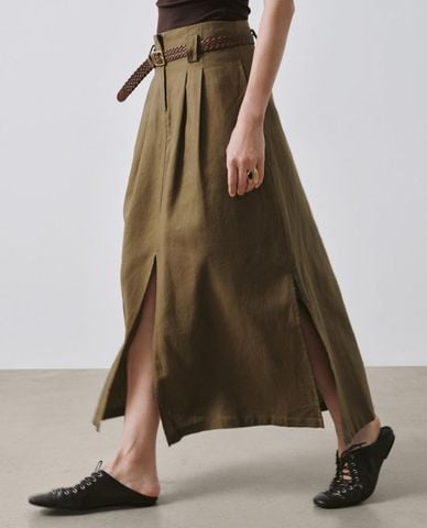  URBAN REVIVO - Chân váy chữ A midi xẻ tà phối thắt lưng 