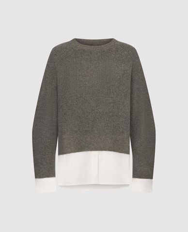  URBAN REVIVO - Áo dệt kim nữ cổ tròn tay dài phối sơ mi 