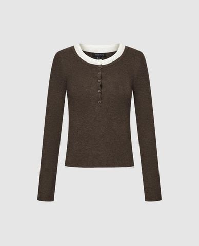  URBAN REVIVO - Áo dệt kim nữ cổ tròn tay dài phối viền 