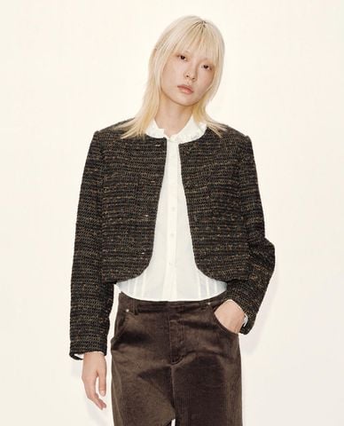  URBAN REVIVO - Áo khoác tweed nữ cổ tròn phom croptop 