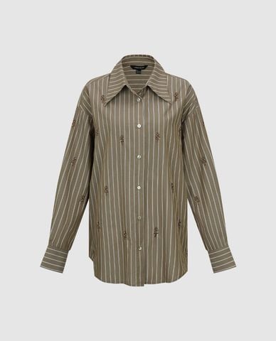  URBAN REVIVO - Áo sơ mi nữ cổ bẻ tay dài kẻ sọc đính hạt 