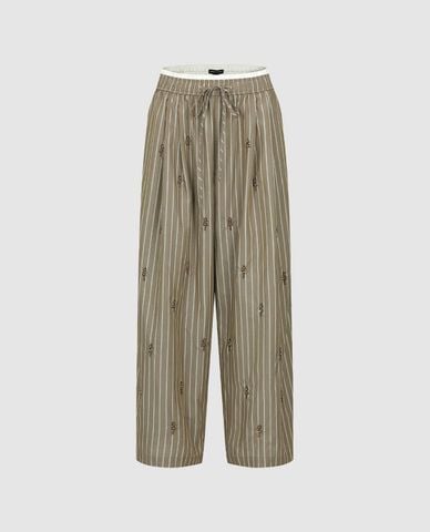  URBAN REVIVO - Quần nữ ống rộng phối dây rút kẻ sọc 
