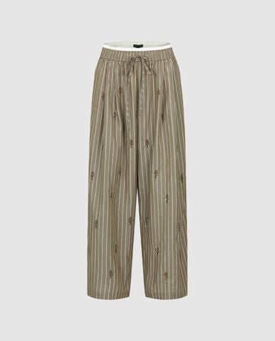  URBAN REVIVO - Quần nữ ống rộng phối dây rút kẻ sọc 