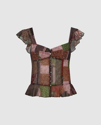  URBAN REVIVO - Áo kiểu nữ cổ vuông phối bèo in họa tiết 